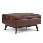 SIMPLIHOME Owen 34 Inch Wide Mid Century Modern Rectangle Coffee Table Lift Top Storage Ottoman in Upholstered Distressed Saddle Brown Faux Leather, For the Living Room
