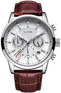 LIGE Mens Watches Chronograph Leather Waterproof Analogue Quartz Stainless Steel Business Classic Men's Wrist Watches, White, fashion