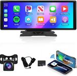 Portable Car Stereo with Wireless Carplay Android Auto, Rimoody 10.26 inch Touchscreen Portable Car Play Screen with Siri Transmission Bluetooth Rear Backup Camera Voice Control TF Card 9V-36V