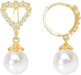 BURLAP LIFE Gold Plated 925 Sterling Silver Freshwater Real Pearl Drop Dangle Earrings Quality Pearl Hoop Earrings for Women, Heart Diamond Hoop 8mm-9mm