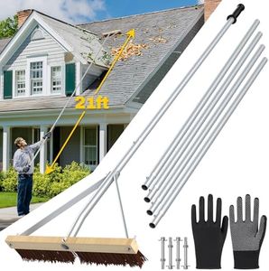 Huracan Snow Roof Rake Year-Round, Leaf Roof Brush with Gloves, 5-21ft Adjustable Leaves Snow Removal Tool, Anti-Slip Handle Cleaning Brush Extension Aluminum Poles, for Shingles Solar Panels Cars