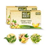 Hello Healthy | Ginger Tulsi Green Tea | 40 Eco Friendly Muslin Bags | Make Up To 80 Cups | Immunity Booster | Rich in Anti-Oxidants | Stress Reliever | Great For Digestion