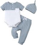 Renotemy Infant Boy 6-9 Months Spring Summer Clothes Gift Casual Blue Short Sleeve Button Romper Baby Boys 9-12 Months Pocket Color Block Bodysuit Elastic Waist Long Pants 3 Piece Outfit Set with Hat