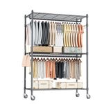 Himimi Double Rod Garment Rack/Clothes Rail with Height-Adjustable Shelves, Heavy Duty Clothes Rack with 2 Hooks, Clothes Rails with Wheels, 90 * 42 * 205cm, Black