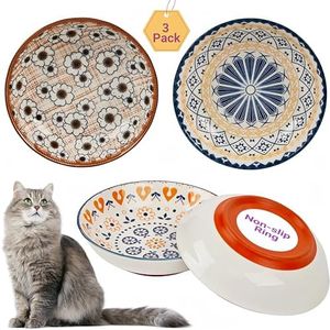3-Pack Ceramic Cat Food Bowl, Non-Slip Whisker Fatigue Cats Bowl, 5.5” Shallow Dish for Food, Boho Flat Kitten Bowls, Small Kitten Plates for Indoor Cats with Silicone Bottom