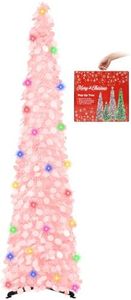 MACTING Pink Pop Up Christmas Tree with 50 LED Lights 5FT Collapsible Easy-Assembly Glitter Tinsel Pencil Lighted Tree for Holiday Party Apartment Corner Indoor Outdoor Xmas Mothers Day Decor