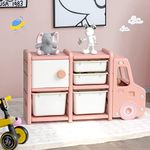 HONEY JOY Kids Toy Storage Organiser with 2 Large Bins, Pull-Out Drawers, Cabinet, Front Store Space, Cute Car Shaped Multipurpose Shelf for Toddlers Over 3 to Organize Toys, Books, Clothing (Pink)