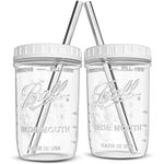 Reusable Wide Mouth Smoothie Cups Boba Tea Cups Bubble Tea Cups with Lids and Silver Straws Ball Mason Jars Glass Cups (2-pack, 16 oz mason jars)