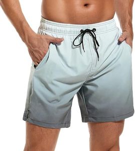 SILKWORLD Swim Trunks Men Quick Dry Bathing Suits Shorts with Zipper Pockets, MQ18_Zip_White & Gray Gradient, Large