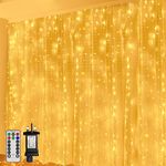 Ollny Christmas Curtain Lights Indoor - 300LED 3x3m Xmas Window Hanging Mains Powered Plug in Waterfall Fairy String Lights Waterproof with 8 Modes/Remote for Bedroom/Wall/Outdoor Decorations