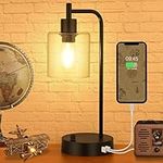 Industrial Table Lamp,Hansang Vintage Desk Lamp 0-100% Fully Stepless Dimmable,Nightstand Lamp with 2 USB Ports,Glass Shade Bedside Lamp for Bedroom,2700K Warm White LED Edison Bulb Included