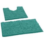 LuxUrux Bath Mat, Luxury Chenille (2-Piece) Bath Mat Set, Soft Plush Anti-Slip Bath Rug + Toilet Mat.1'' Microfiber Shaggy Carpet, Super Absorbent (Curved Set, Turquoise)