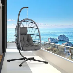 CHABATREE Egg Chair with Stand,Patio Rattan Wicker Hanging Swing Egg Chair Hammock Chair for Bedroom Porch Garden,Thickened Aluminum Alloy Steel Frame and UV Resistant Cushion,350LBS Capacity(Grey)