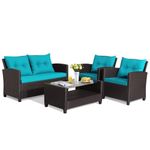 DORTALA 4 Piece Wicker Patio Furniture Set, PE Rattan Outdoor Conversation Sets with Loveseat, Chairs & Coffee Table for Backyard, Porch, Garden and Poolside, Turquoise