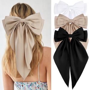 Velscrun 3Pcs Women's Hair Accessories Gifts: White, Black, and Khaki Oversized Satin Hair Bows with Long Tails, Barrettes, and Clips for Girls