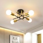 Pheashine Industrial Chandeliers Ceiling Light Living Room, 4-Light Semi Flush Mount Ceiling Lamp with E27 Base, Modern Vintage Ceiling Lighting Fixture for Kitchen Bedroom Dining Room(Black & Gold)