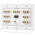 Fosmon HD8006 3-Gang 7.1 Surround Distribution Home Theater Gold Plated Copper Banana Binding Post Coupler Type Wall Plate for 7 Speakers, 1 RCA Jack for Subwoofer & 1 HDMI Port