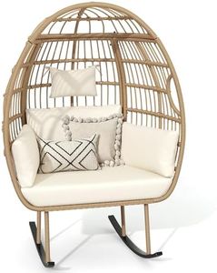 DWVO Rocking Egg Chair Outdoor, 370lbs Capacity Oversized Patio Glider Basket Chair, All-Weather Wicker Egg Lounger Chair for Outside Indoor, Beige