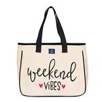 AQVA Cotton Tote Bag for Women & College Girls | Black and white Handbag with Weekend Vibes print | Trendy Western Style Handbag for Women with Zip | Canvas Bag for Shopping, Travel and Office.(Vibes)