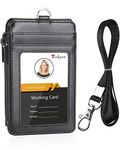 Teskyer Badge Holder with Side Zip Pocket, Multiple Card Slots Leather ID Holder Wallet with Neck Lanyard for Office Staffs, Teachers/Students, Couriers, Workers, Black