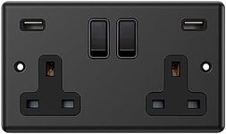 Matt Black 2 Gang Socket w/USB Charging Port Black Insert Plastic Rocker Switch -13 Amp Single Plug Socket & USB Power Outlet Type A+A
