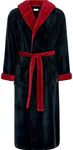 Alexander Del Rossa Men's Plush Fleece Hooded Bathrobe, Full Length Long Warm Lounge Robe with Hood, Black With Burgundy Contrast, 3X