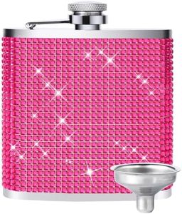 DRINKMALL Hot Pink Flasks for Liquor for Women,6Oz Diamond 304 Stainless Steel Hip Flask with Funnel, Never-Lose Cap Leakproof Flask for Hiking