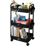 Beboore 3 Tier Rolling Utility Cart with Wheels, Storage Trolley Cart with Handle Hanging Cups Hooks, Storage Organizer for Kitchen, Bathroom, Living Room, Office (Black)