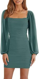 Wenrine Women's Mesh Long Sleeve Square Neck Ruched Party Club Cocktail Bodycon Mini Dress, Green, Small