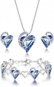 Leafael Necklace Gift Set for Women, Infinity Love Birthstone Heart Pendant with Matching Earrings and Bracelet, Light Sapphire Blue Crystal for March December, for Mom and Wife, Silver Plated
