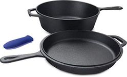 Cuisiland Cast Iron Combo Cooker 3 PCS Set, 3.2QT Wok and 10” Frying Pan with a Silicone Handle