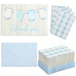 60 Pack Baby Shower Thank You Cards with Blue Envelopes for Boy - 6 x 4-inch with Clothesline Design and Includes 60 Stickers for Appreciation