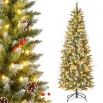 Happygrill 6ft Pre-lit Artificial Christmas Tree Slim Artificial Xmas Tree with 300 LED Lights & 618 Branch Tips Berries and Pine Cones Included, Decoration Tree for Festival Holiday