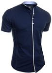 D&R Fashion Men's Elegant Short Sleeve Shirt Smart Casual Grandad Collar Snaps Cotton Fitted Navy Blue