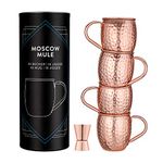 Navaris 4x Moscow Mule Copper Mugs Set- 500ml / 16.9oz Set of Copper Plated Stainless Steel Cups with Measuring Jigger for Cold Drinks, Cocktails