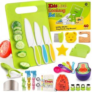 40Pcs Kids Knife set for Real Cooking - Montessori Kitchen Tools for Toddlers - Safe Kitchen Tools and Accessories with Recipes Book, Cutting Board and Knife set - Kids Knives and Cooking Utensils Kit