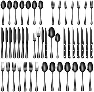 TAN REN Cuberteria negra para 8 personas, Juego de cubiertos de acero inoxidable de 48 piezas(Negro), incluye cuchillo, tenedor, cuchara, cuchillo de carne, pulido espejo, apto para lavavajillas
