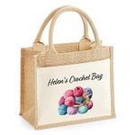 Personalised Jute Crochet Tote Bag with Cotton Canvas Pocket - Custom Name Wool Storage for Crochet & Knitting - Ideal Mother's Day and Birthday Gift