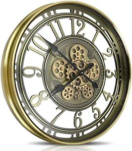 Real Moving Gears Wall Clock Large Modern Metal Clocks for Living Room Decor, Industrial Steampunk Unique Vintage Rustic Decorative Clock for Home Farmhouse Office, 30 Inch,Bronze Gold Arabic