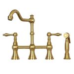Two-Handles Bridge Kitchen Faucet with Side Sprayer (Brushed Gold)