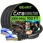 GearIT Cat8 Outdoor Ethernet Cable (100 Feet) Waterproof, Direct Burial, In-Ground, LLDPE UV Jacket, Pure Copper, 26AWG, 40Gbps 2000Mhz SFTP Patch Cord, POE, Network, Internet, Cat 8 - 100ft, Black