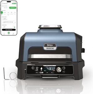 Ninja OG951 Woodfire Pro Connect Premium XL Outdoor Grill & Smoker, Bluetooth, App Enabled, 7-in-1 Master Grill, BBQ Smoker, Outdoor Air Fryer, Woodfire Technology, 2 Built-In Thermometers, Black/Blue