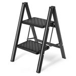 HBTower Step Ladder 2 Step Folding Stool, 330 Lbs Capacity Small Step Stool for Adults, Closet Step Stool Ladder with Anti-Slip Wide Pedals Household Office, Black