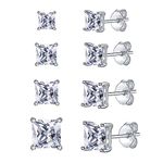 Silver Stud Earrings for Women, Sterling Silver Cubic Zirconia Small Stud Earrings Hypoallergenic Faux Square Princess Cut Diamond Studs Set for Girls, 3/4/5/6mm