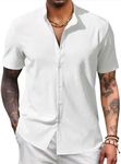 COOFANDY Men's Casual Band Collar Shirts Short Sleeve Muscle Fit Button Down Shirts Summer Shirt White