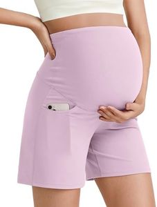 G4Free Maternity Shorts for Women Over Bump with Pockets Pregancy Biker Shorts Workout Athletic Running Short Pants(Pink,S)