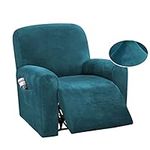 DSECHCRSL Velvet Recliner Chair Cover with Side Pocket, 4 Piece Non Slip Recliner Sofa Cover 1 Seat Stretch Recliner Cover Form Fitted Thick Soft Washable for Living Room, Pet, Kids,Green