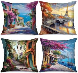 Tucocoo Town Scenery Throw Pillow Covers Decorative 18x18 inches Set of 4 Colorful Street View Pillow Cases Modern Square Pillowcases House Tree Throw Cushion Case for Couch Sofa Bed Car Living Room