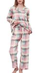 CHUNG Women Flannel Pajamas Set Long Sleeve Shirt Pants S-XL Sleepwear Button Down Cute Pattern,Green Plaid,M