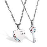 JewelryWe Lover's Couple Matching Pendant Lock and Key Necklace Rainbow Color Rhinestone Accents with Chain